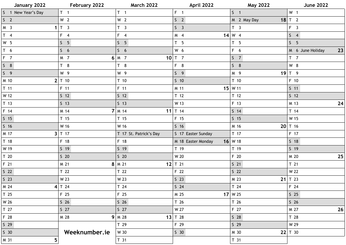 2022 calendar with week numbers and holidays for ireland official