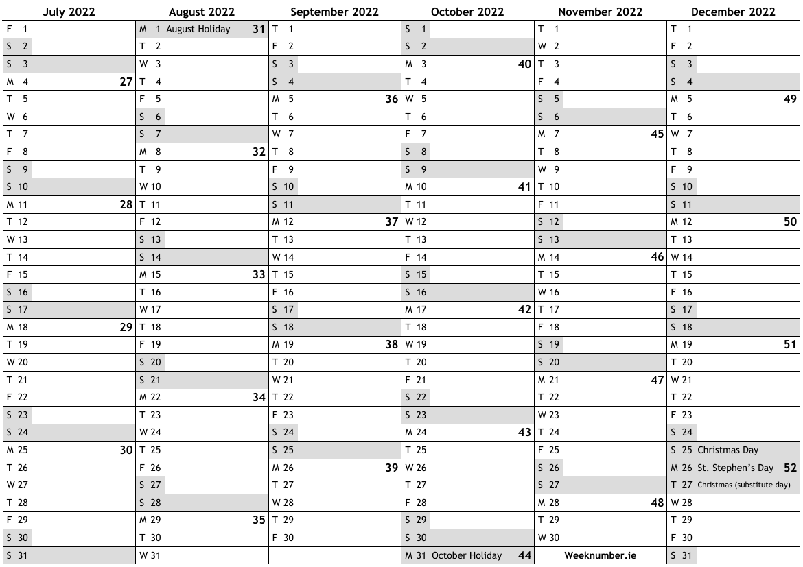 2022 calendar, 2nd half