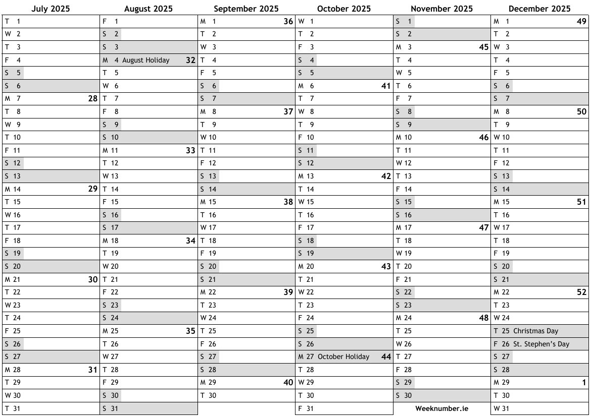 2025 calendar, 2nd half